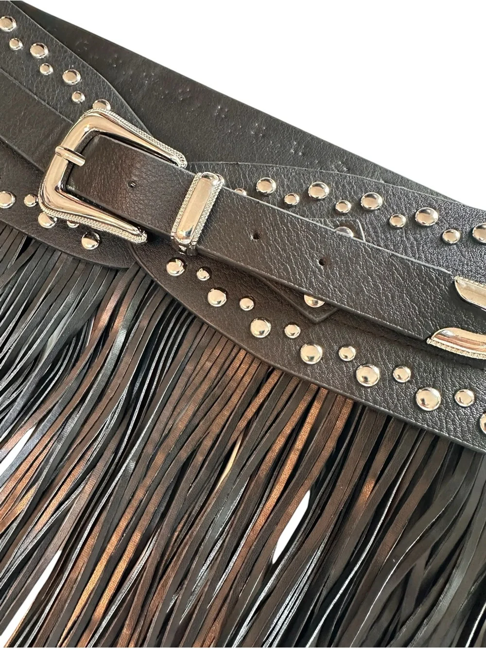 House of Harlow 1960 Black Fringe Belt with Silver Studs and Buckle